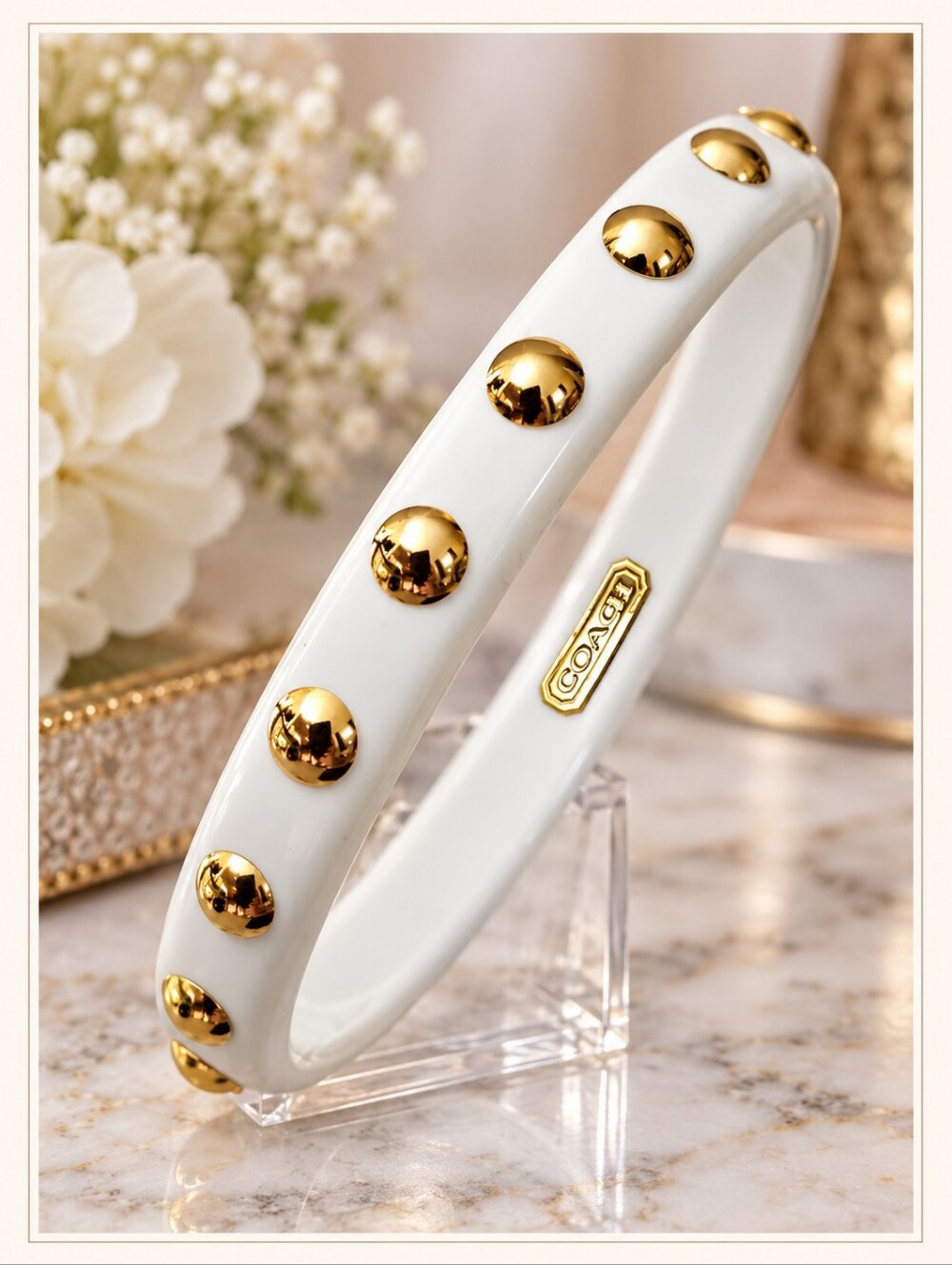 COACH White & Gold Studded Bangle Bracelet + Dust Pouch